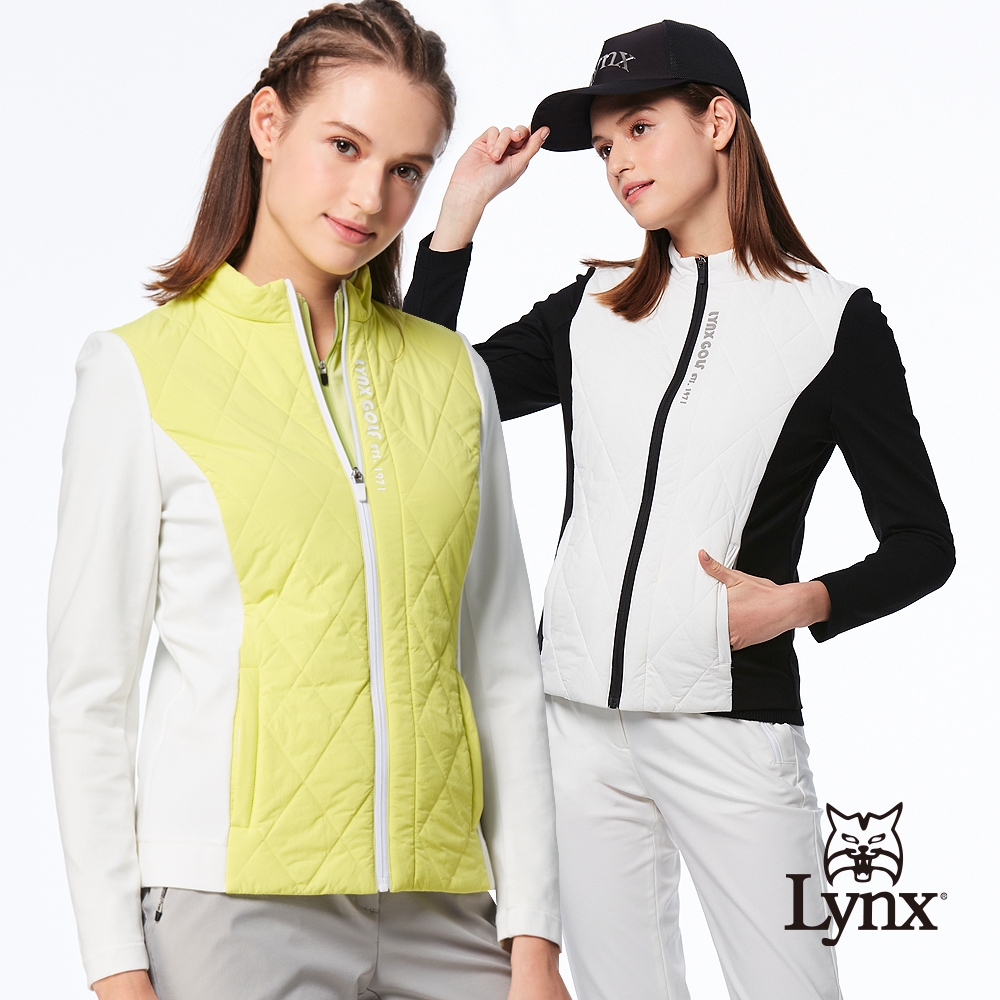【Lynx Golf】女款保暖舒適鋪棉撞色造型菱型壓紋立體貼膜設計拉鍊口袋長袖外套(二色)