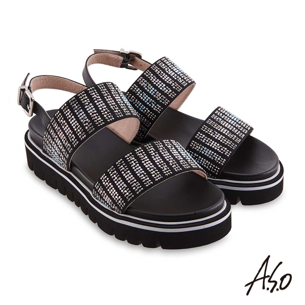 A.S.O時尚流行 夏季輕量漸層燙鑽休閒底台涼鞋-黑