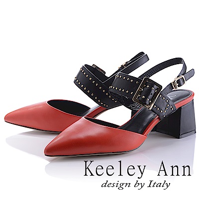 Keeley Ann 個性時尚~撞色龐克鉚釘真皮粗中跟腳踝帶尖頭鞋(紅色-Ann)