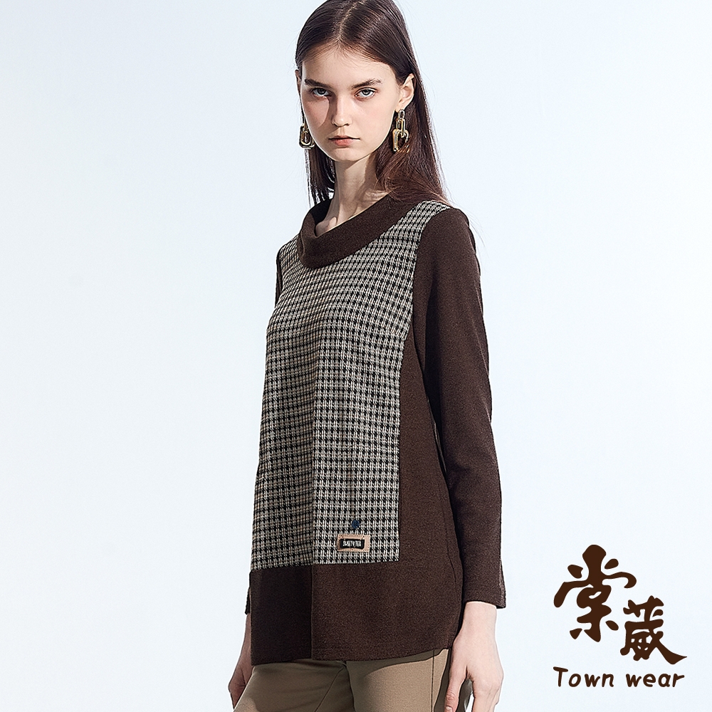 【TOWNWEAR棠葳】舒柔毛呢格拼接磨毛長版上衣(中大尺碼/女上衣/女上著/滿版/長袖)