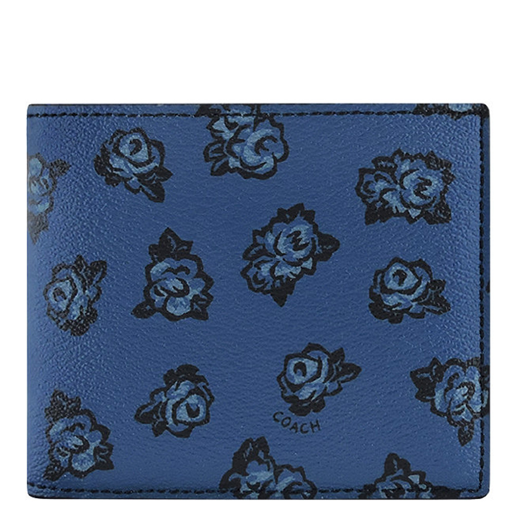 COACH 深藍色花朵圖樣PVC雙摺十二卡短夾