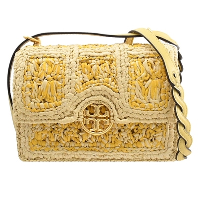 TORY BURCH 金屬LOGO雙色草編翻蓋雙層斜背包(米/黃)