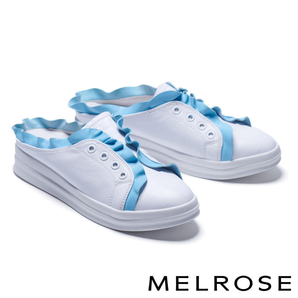 拖鞋 MELROSE 荷葉邊造型全真皮休閒厚底拖鞋－藍