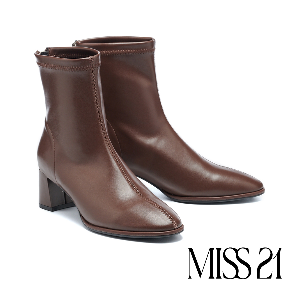 短靴 MISS 21 極簡率性彈力純色高跟短靴－棕