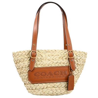 COACH Structured Tote 16 烙印LOGO草編拼接肩背小托特包(卡其/棕)