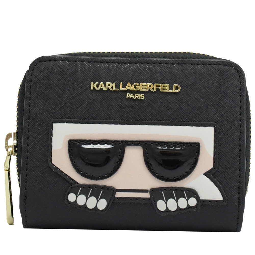 KARL LAGERFELD 卡爾公仔防刮拉鍊零錢短夾(黑)