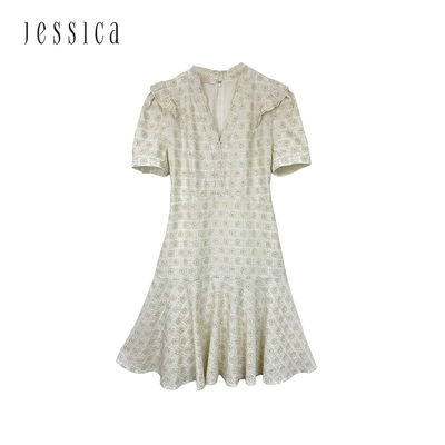 JESSICA - 優雅立體褶皺V領修身寬擺短袖蕾絲洋裝223472
