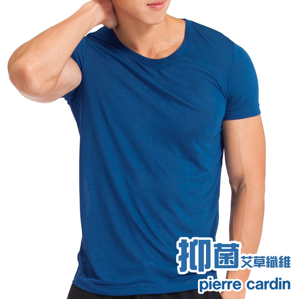 Pierre Cardin皮爾卡登 抑菌低敏感艾草透氣速乾圓領短袖-單件(深青藍)