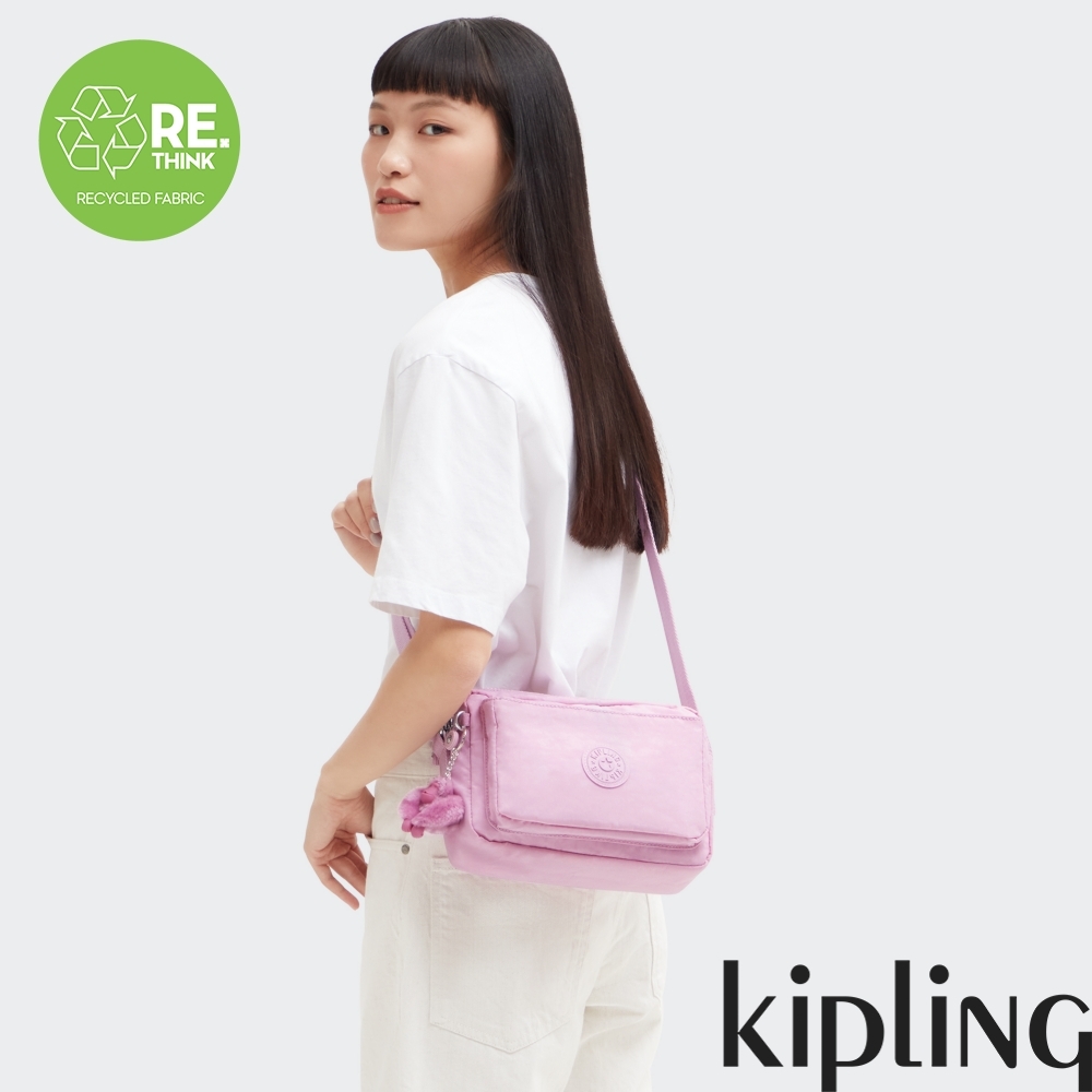 Kipling 溫柔櫻花粉紫色多層隨身斜背包-ABANU M