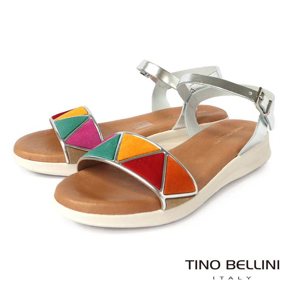 Tino Bellini 西班牙進口多彩撞色牛皮繫帶平底涼鞋-銀