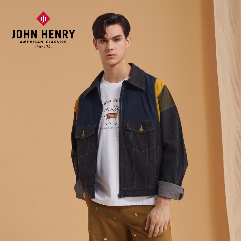 JOHN HENRY 拼接異材質翻領牛仔外套