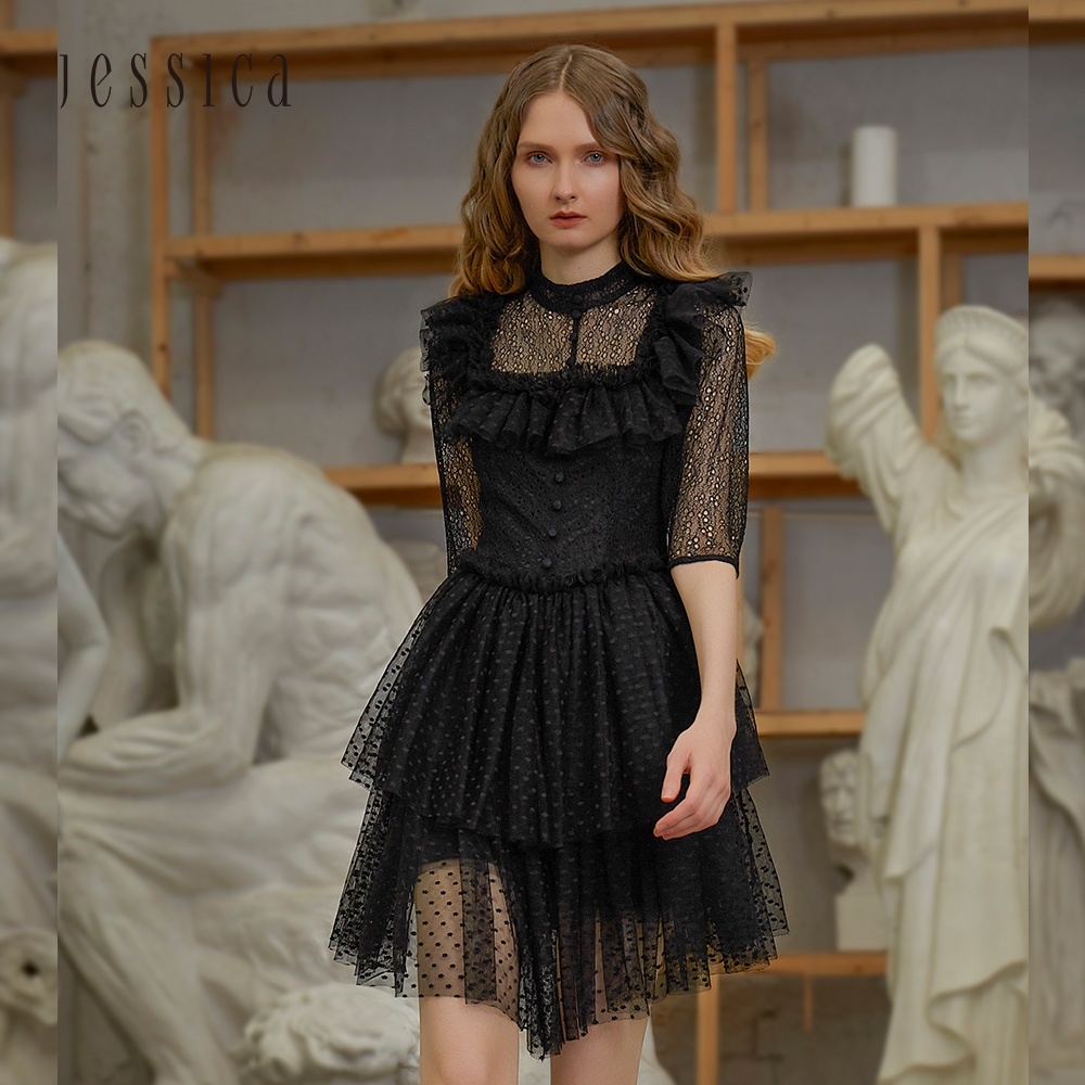 JESSICA - 黑色復古精緻透膚蕾絲收腰蛋糕裙擺長袖洋裝