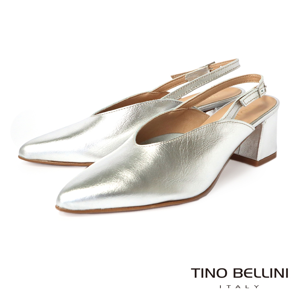 Tino Bellini 義大利進口V型鞋口後釦帶尖頭粗跟鞋_銀