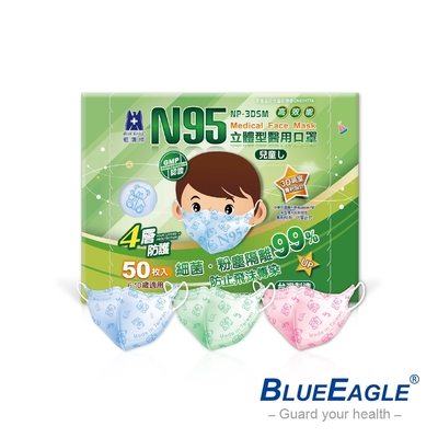 藍鷹牌 N95立體型6-10歲兒童醫用口罩-50片x1盒(藍/綠/粉)
