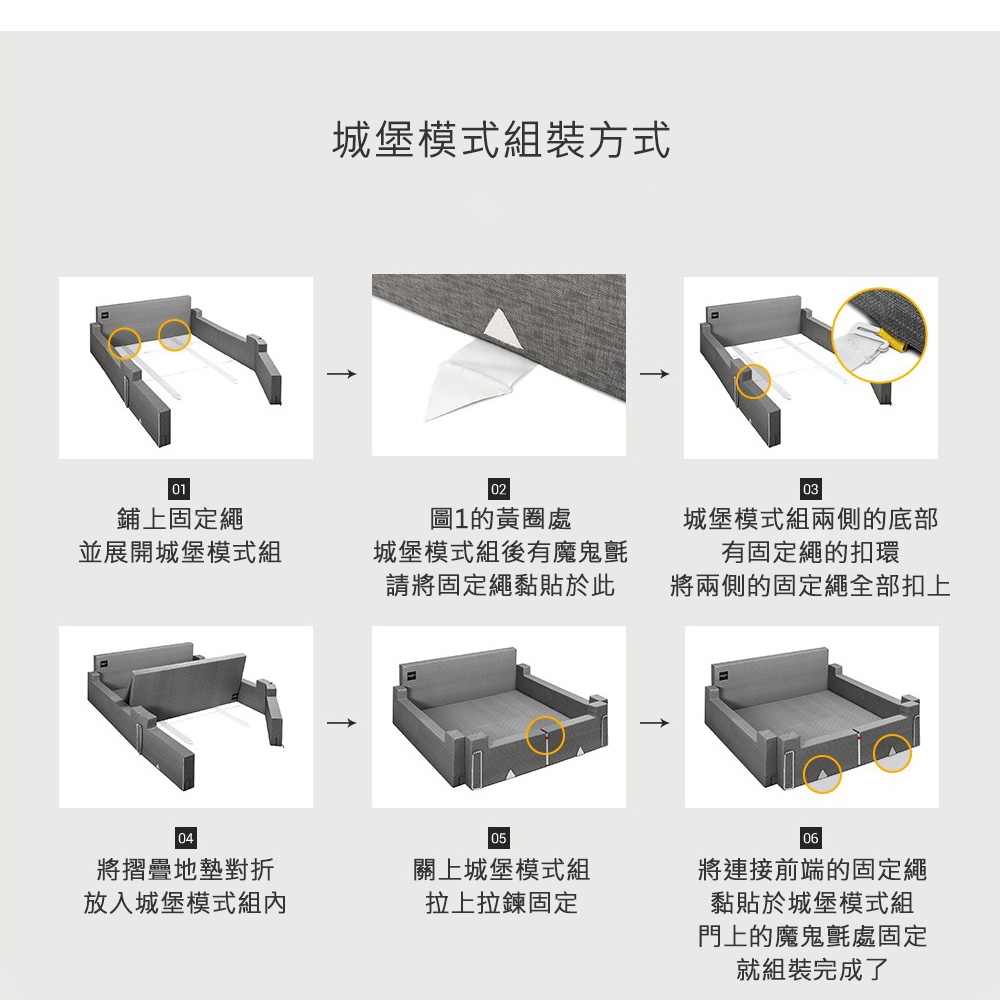 城堡模式組裝方式010203鋪上固定繩圖1的黃圈處並展開城堡模式組城堡模式組後有魔鬼氈請將固定繩黏貼於此城堡模式組兩側的底部有固定繩的扣環將兩側的固定繩全部扣上040506將摺疊地墊對折關上城堡模式組將連接前端的固定繩放入城堡模式組內拉上拉鍊固定黏貼於城堡模式組門上的魔鬼氈處固定就組裝完成了