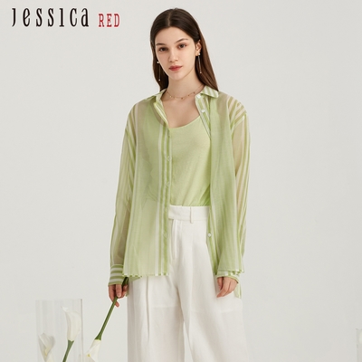 JESSICA RED - 清新亮麗條紋輕薄寬鬆襯衫824136（草綠）