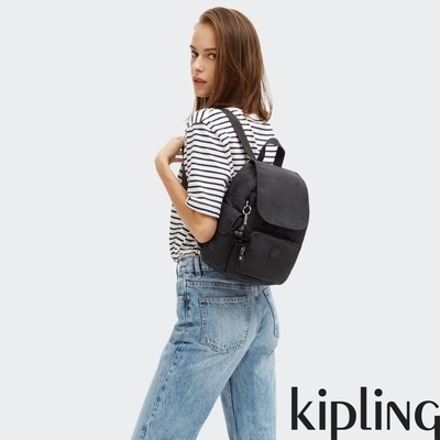 『猴子包』Kipling 曜岩黑品牌經典圓標拉鍊掀蓋後背包-CITY PACK MINI