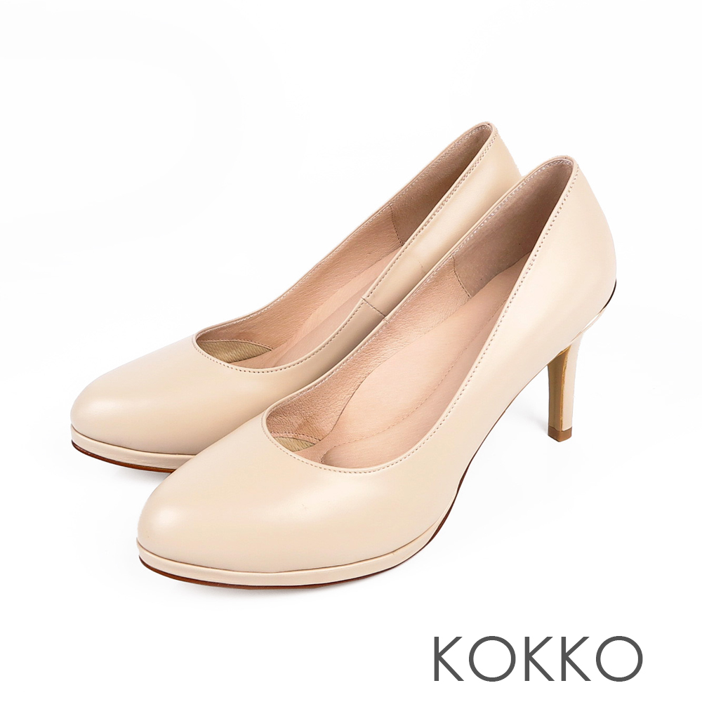 KOKKO優雅轉身真皮金屬環美型高跟鞋輕盈米