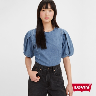 Levis 女款 牛仔澎澎袖襯衫 / 精工中藍染水洗