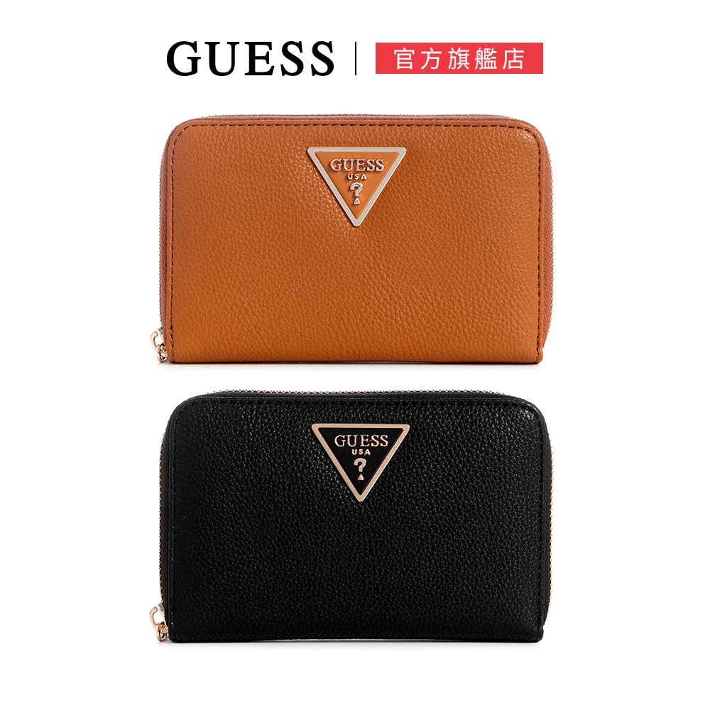 【GUESS】經典素面LOGO皮革拉鍊中夾-兩色任選