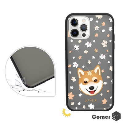 Corner4 iPhone 12 / 12 Pro 6.1吋柔滑觸感軍規防摔彩鑽手機殼-柴犬(黑殼)