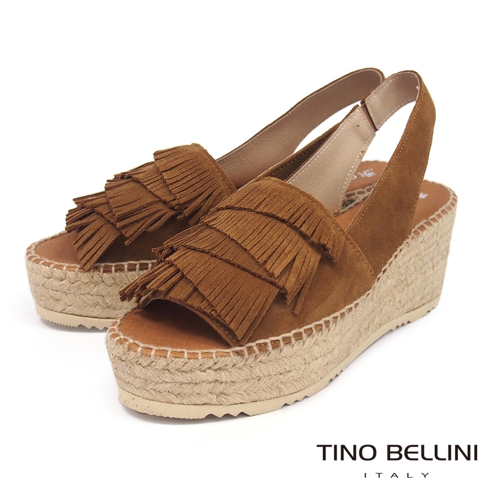 Tino Bellini西班牙進口流蘇層次麻編厚底後帶涼鞋_棕