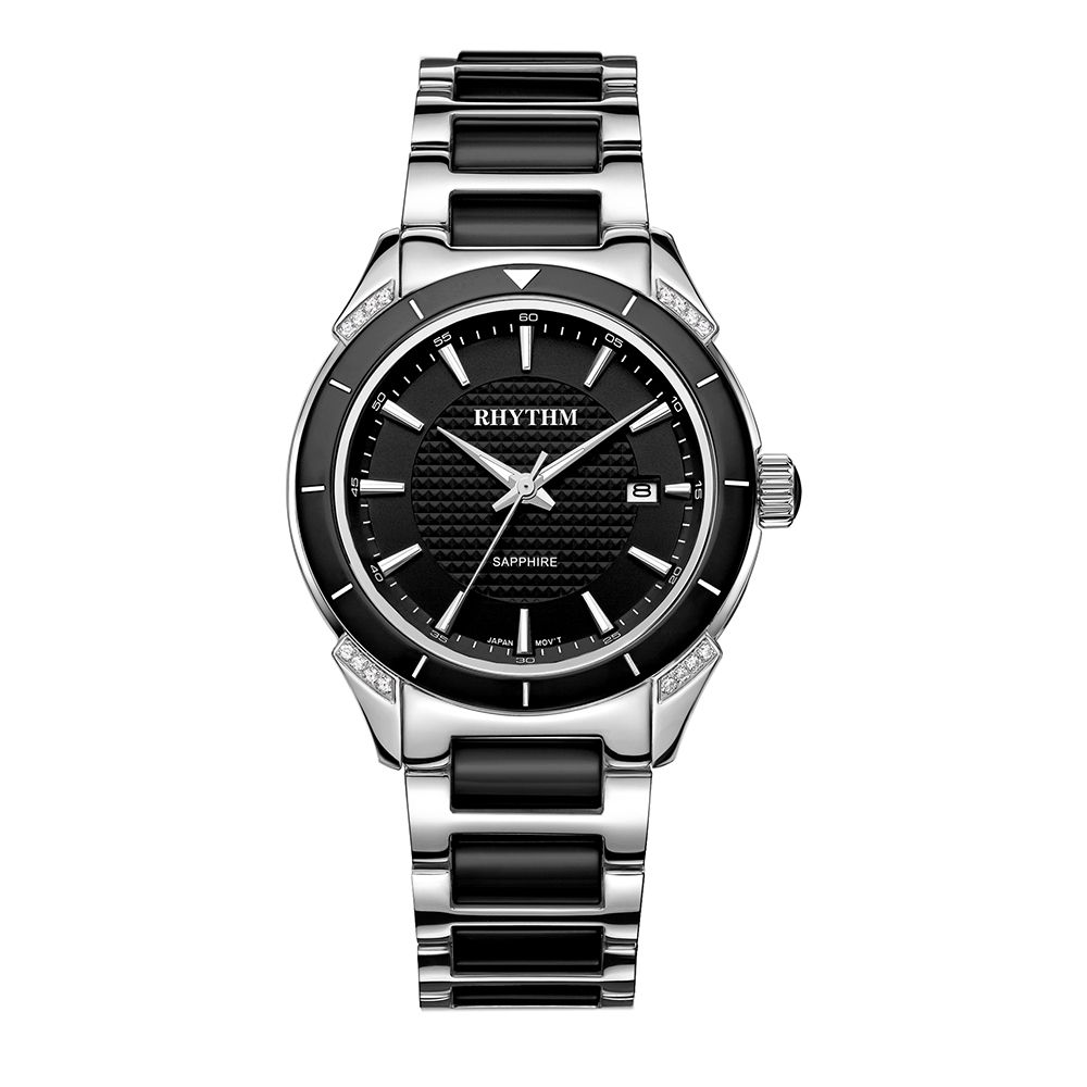 RHYTHM日本麗聲 經典城市品味日期顯示陶瓷腕錶-黑/43.5mm