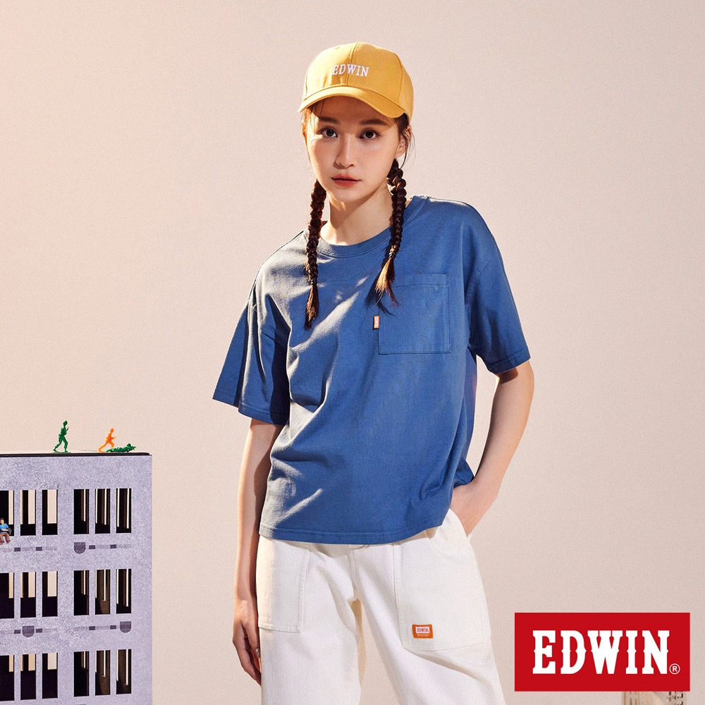 EDWIN 橘標 方版口袋短袖T恤-女-灰藍色