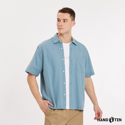 Hang Ten-男裝-棉麻基本款素色休閑短袖襯衫-粉藍