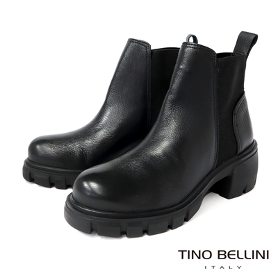 Tino Bellini 巴西進口牛皮鋸齒厚底粗跟短靴FWOT018-黑