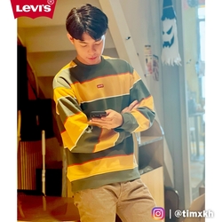 Levis 男款 寬鬆版大學T / 迷你方形徽章Logo / 圓領設計 條紋拼色