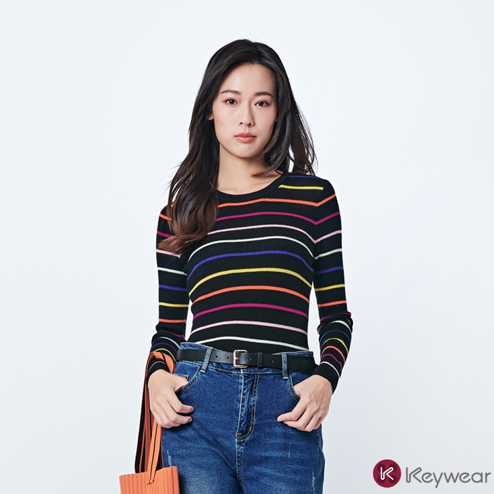 KeyWear奇威名品    亮麗彩條修身長袖毛衣-黑色