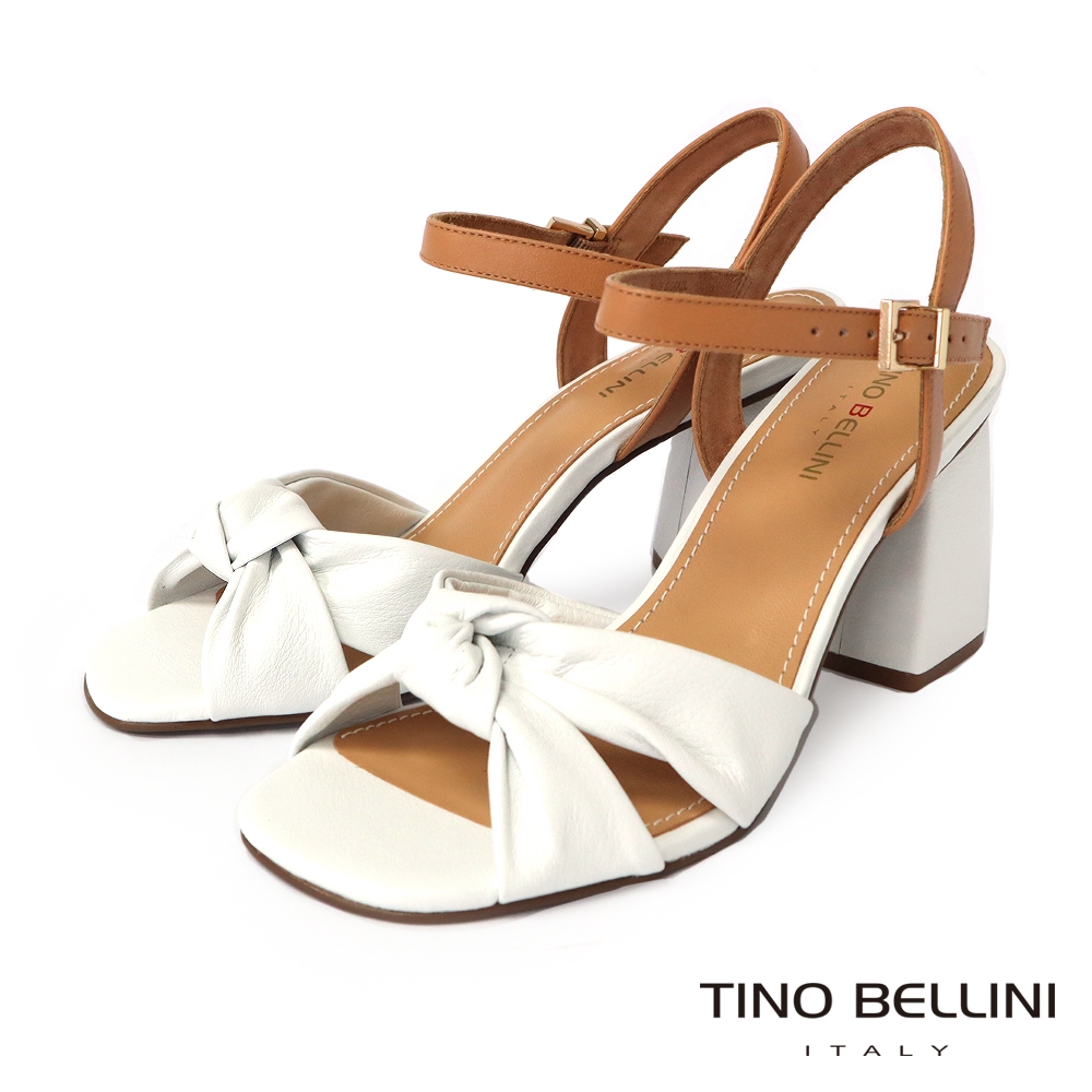 Tino Bellini 巴西進口雙色牛皮扭結繫踝粗跟涼鞋-白