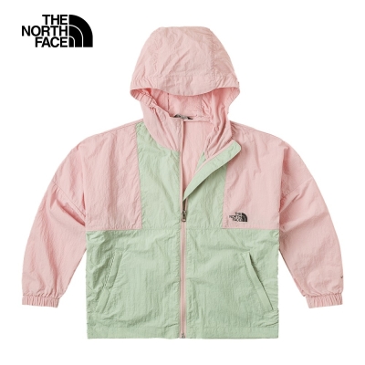 【The North Face 官方旗艦】北面兒童粉綠拼接防風防曬彈力袖口休閒連帽外套｜8998XI3