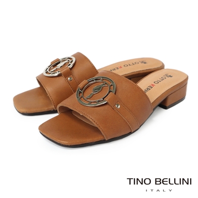 Tino Bellini 時髦寬帶金屬環飾牛皮小低跟涼拖鞋-棕