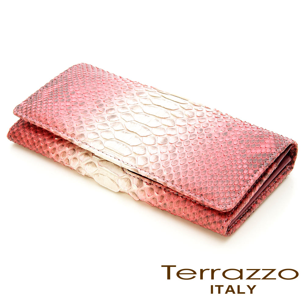 【義大利Terrazzo】品牌主打貴氣蟒蛇皮釦式長夾 - 珊瑚紅色 72P1846A