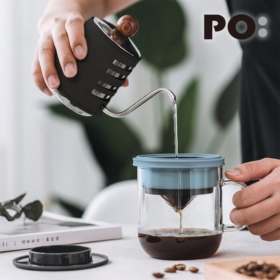 【PO:Selected】丹麥DIY手沖咖啡二件組 (手沖咖啡壺-黑/咖啡玻璃杯350ml-黑藍)