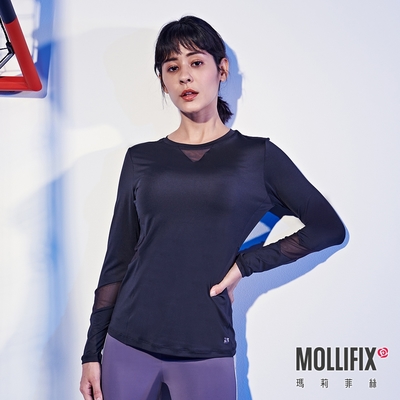 Mollifix 瑪莉菲絲 修身拼接透氣長袖訓練上衣 (黑)、瑜珈服、瑜珈上衣、長T恤、運動服、暢貨出清