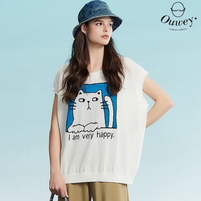 OUWEY歐薇 酷帥貓咪緹花寬鬆連袖針織上衣(白色；S-M)3232165012