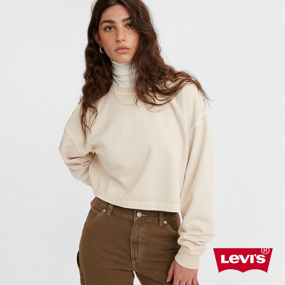 Levis 女款 短版寬鬆落肩重磅大學Tee / 精工漂染工藝 / 400GSM厚棉 奶油灰