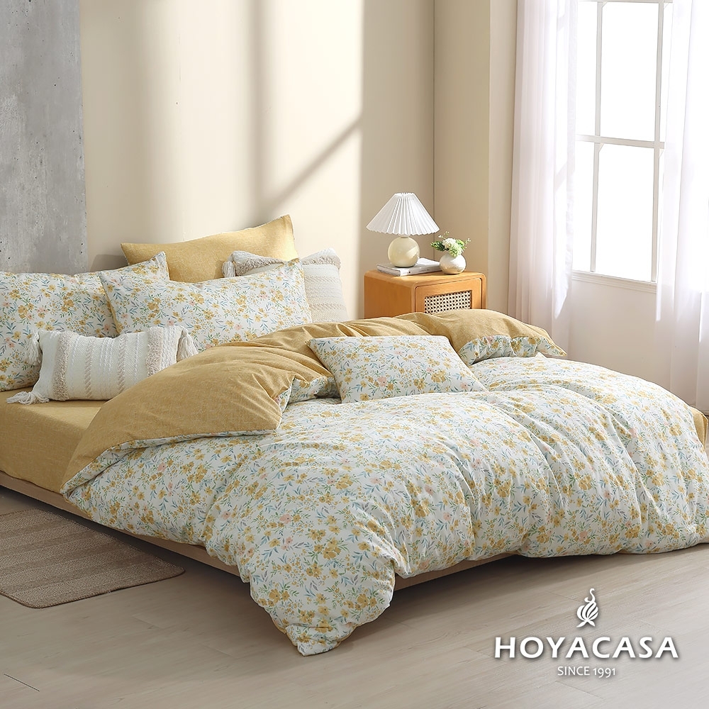 HOYACASA 100%精梳棉兩用被四件式床包組-多款尺寸任選 (快速出貨) (蜜香淺菊)