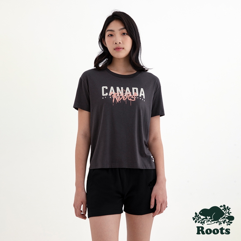 Roots 女裝- ROOTS GRAFFITI短袖T恤-深灰色