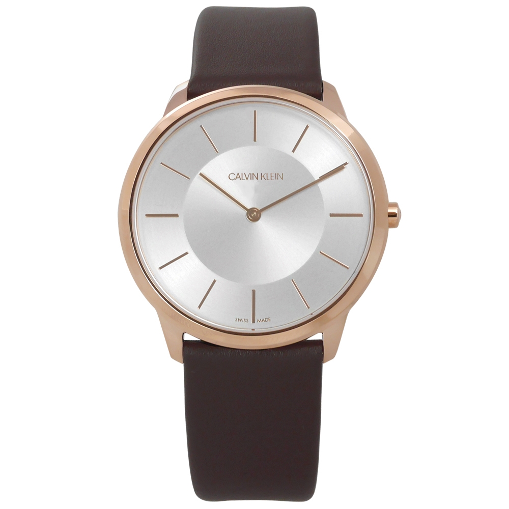 CK 時尚曼哈頓簡約風皮革手錶-銀x玫瑰金框x深褐/39mm