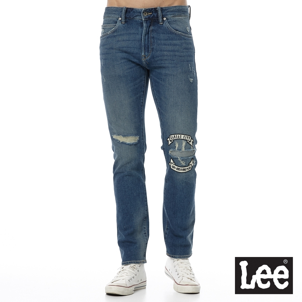 Lee 男款 四面彈 707 特色刺繡中腰合身小直筒牛仔褲 中藍洗水