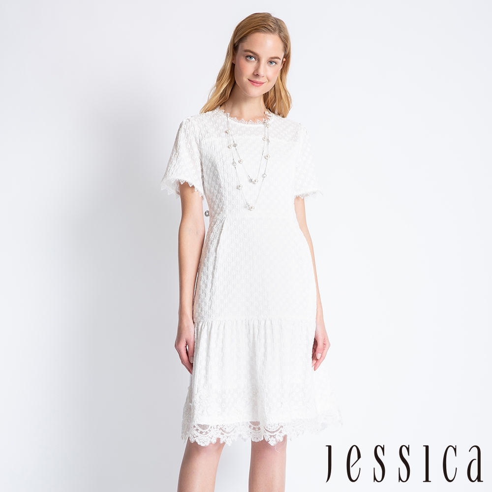 JESSICA -刺繡蕾絲設計短袖洋裝（白）