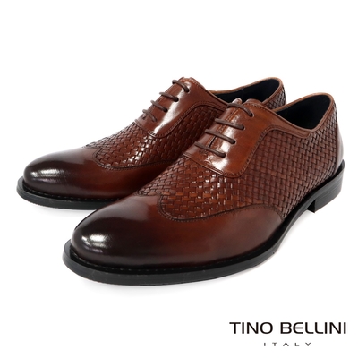 TINO BELLINI 男款 牛皮革編織工藝牛津紳士鞋-咖啡