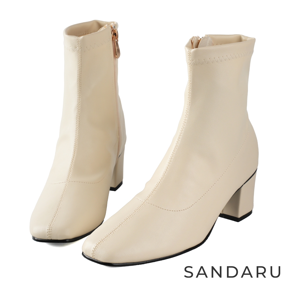 山打努SANDARU-短靴 韓系皮革方頭粗跟襪靴-米白