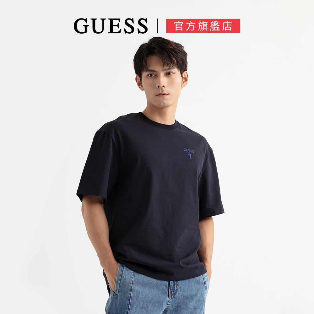 【GUESS】素色印花圖騰短T-深藍