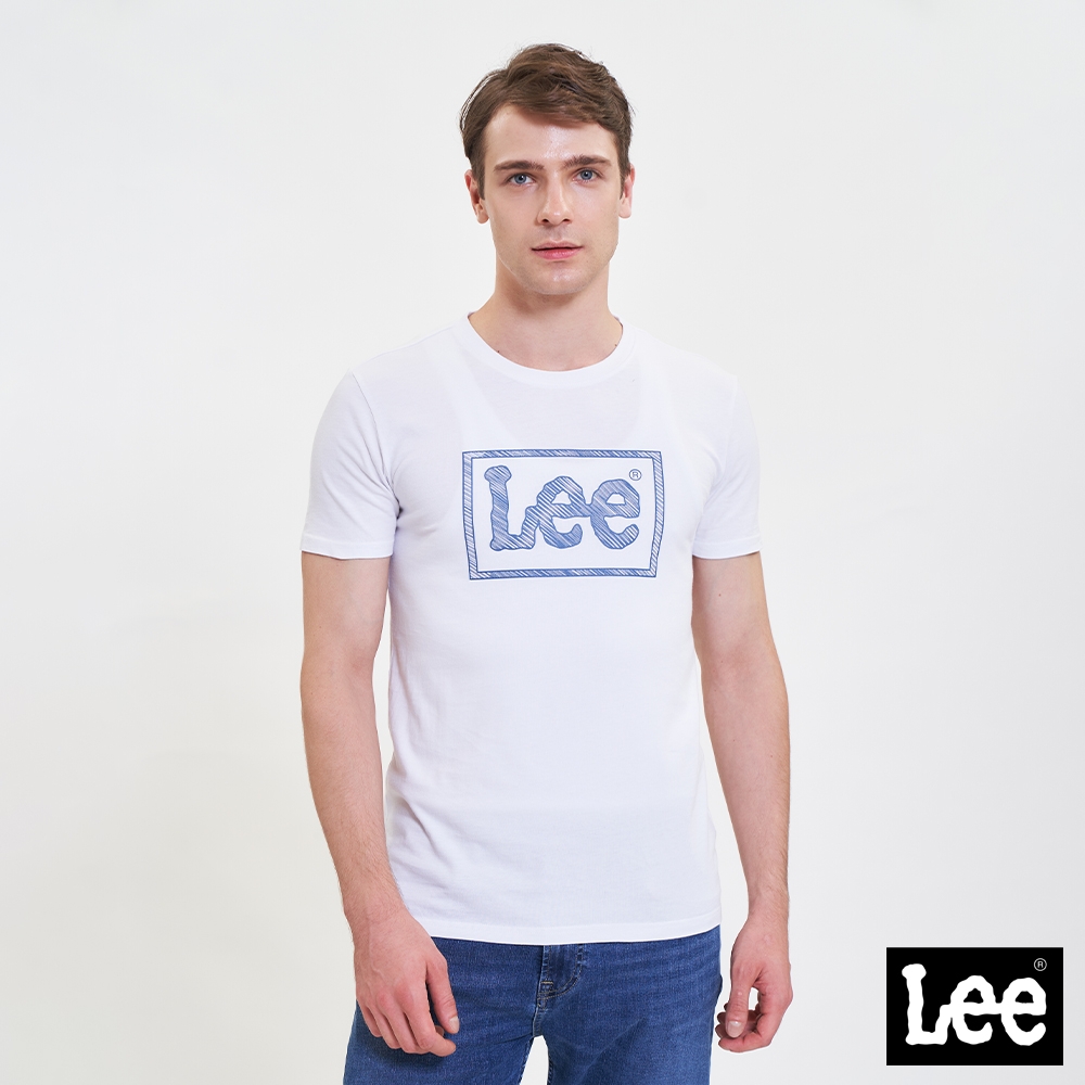 Lee 男款 長框斜線大Logo短袖圓領T恤 白