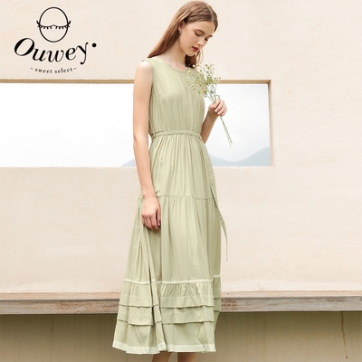 OUWEY歐薇 清新綠造型無袖腰帶蛋糕魚尾洋裝(淺綠色；S-L)3222397540